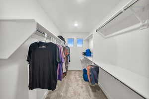 Spacious closet with light carpet