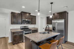 Kitchen with sink, stainless steel appliances, an island with sink, pendant lighting, and light hardwood / wood-style floors