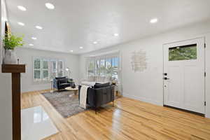 Living room featuring plenty of natural light and light hardwood / wood-style flooring