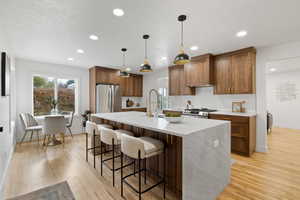 Kitchen featuring tasteful backsplash, light hardwood / wood-style flooring, pendant lighting, a center island with sink, and appliances with stainless steel finishes