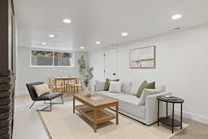 Living room with light colored carpet