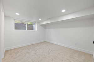 Basement featuring light colored carpet