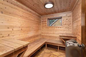 View of sauna with wood ceiling and wooden walls