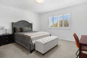 Bedroom with light carpet and crown molding