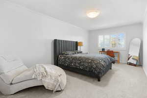 Bedroom featuring ornamental molding and carpet floors