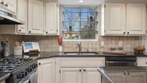 Kitchen featuring white cabinets, appliances with stainless steel finishes, tasteful backsplash, and sink