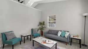 Living room featuring carpet floors and high vaulted ceiling