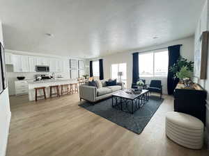 Living room featuring light wood-type flooring and sink