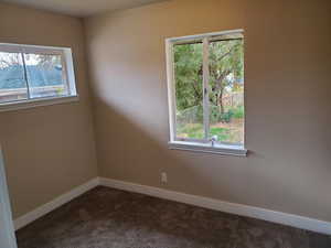 Spare room featuring plenty of natural light and dark carpet