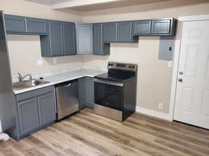 Kitchen with light hardwood / wood-style floors, sink, stainless steel appliances, and electric panel