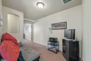 Carpeted living room featuring a textured ceiling