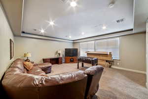 Living room featuring light carpet, a textured ceiling, and a raised ceiling