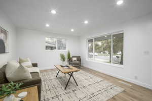 Living room featuring LVP flooring and a wealth of natural light