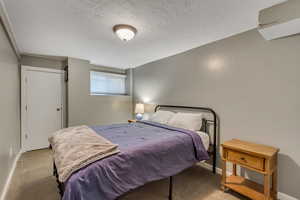 Carpeted bedroom with a textured ceiling