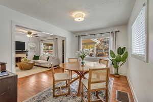 Dining space featuring ceiling fan, a textured ceiling, a healthy amount of sunlight, and light hardwood / wood-style flooring