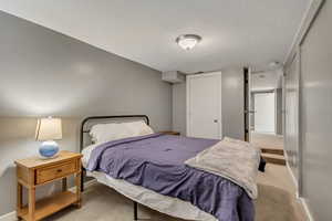 Bedroom with a textured ceiling and carpet floors