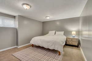 Carpeted bedroom with a textured ceiling