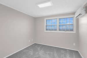 Carpeted spare room featuring a textured ceiling, a wall mounted air conditioner, and ornamental molding