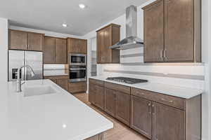 Kitchen featuring sink, wall chimney exhaust hood, decorative backsplash, light hardwood / wood-style floors, and stainless steel appliances