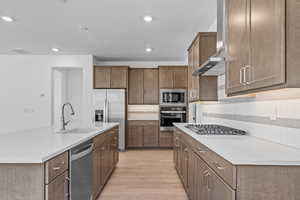 Kitchen with appliances with stainless steel finishes, light wood-type flooring, wall chimney exhaust hood, a kitchen island with sink, and sink