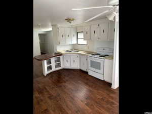 Kitchen featuring sink, dark hardwood / wood-style flooring, white cabinets, and white electric stove