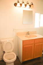 Bathroom with hardwood / wood-style floors, vanity, and toilet