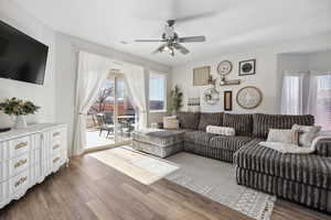 Living room featuring ceiling fan and hardwood / wood-style floors