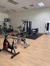 Workout area with light wood-type flooring and a drop ceiling