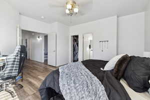 Bedroom featuring ensuite bathroom, hardwood / wood-style flooring, ceiling fan, a closet, and a walk in closet