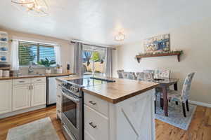 Kitchen featuring white cabinets, a healthy amount of sunlight, stainless steel appliances, and butcher block countertops