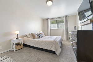 Carpeted bedroom with vaulted ceiling