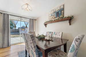 Dining space featuring hardwood / wood-style floors and a chandelier