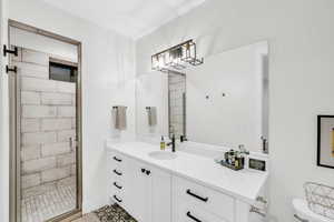 Bathroom with tile patterned flooring, vanity, toilet, and walk in shower