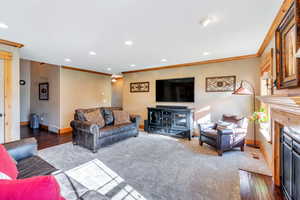 Living room featuring dark hardwood / wood-style floors and ornamental molding