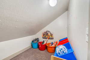 Playroom with a textured ceiling, carpet floors, and vaulted ceiling