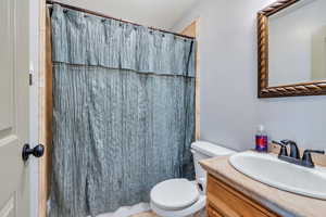 Bathroom featuring vanity, curtained shower, and toilet