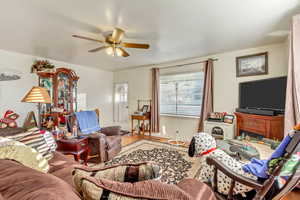 Living room with ceiling fan and wood-type flooring