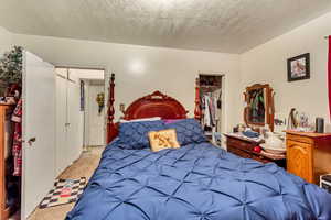 Bedroom featuring light carpet, a closet, a spacious closet, and a textured ceiling