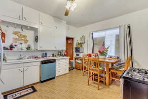 Kitchen with ceiling fan, sink, white cabinets, and stainless steel appliances