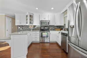 Kitchen featuring white cabinets, kitchen peninsula, stainless steel appliances, and dark wood-type flooring