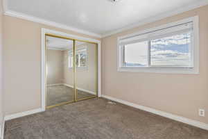 Unfurnished bedroom featuring carpet, crown molding, and a closet