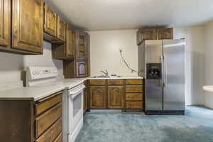 Downstairs Kitchen featuring light carpet, stainless steel refrigerator with ice dispenser, a textured ceiling, white range with electric stovetop, and sink