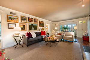 Living room with crown molding and dark wood-type flooring