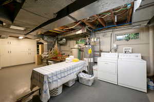 Basement featuring separate washer and dryer and water heater