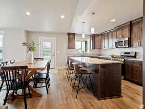 Kitchen with hanging light fixtures, a kitchen island, stainless steel appliances, and light hardwood / wood-style floors