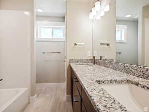 Bathroom featuring vanity, a healthy amount of sunlight, and a tub to relax in