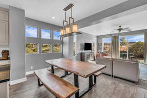 Dining room featuring ceiling fan and hardwood / wood-style floors