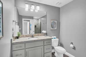 Bathroom featuring a shower with door, vanity, and toilet