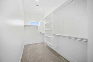 Walk in closet featuring light colored carpet