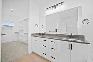 Bathroom with vanity, wood-type flooring, and walk in shower